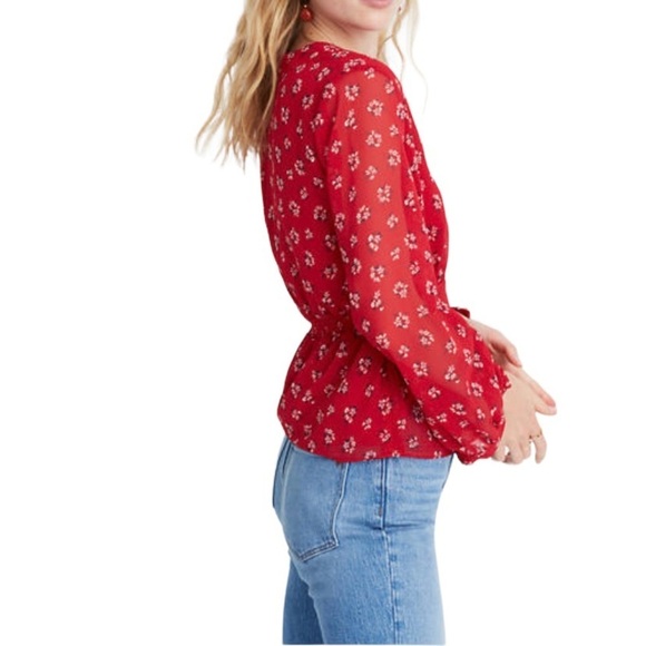 Madewell Floral Tiered Sleeves Peplum Top. Shimmery Red Sz 00 - Picture 3 of 12